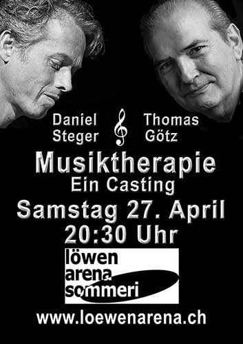 Plakat mit Thomas Goetz und Daniel Stelger - Anlass Loewenarena - 27. April 2024